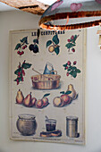 French jam-making poster and lampshade in UK farmhouse kitchen