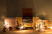 Vintage record player with fairylights in Dronfield home  Derbyshire  England  UK