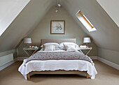 Double bed in attic room with skylight   Chobham home   Surrey   England   UK