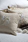 Embroidered cushions in Chobham home   Surrey   England   UK