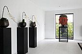 Oriental themed London home with white orchids in black pots on plinths and Asian Head on a stand by window  England  UK