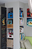 Storage solution for childrens toys and books in contemporary London home, England, UK