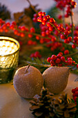 Lit tealight and berries with sugared pears in Kent home England UK
