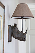Wall mounted rhinoceros lamp in Kelso home Scotland UK