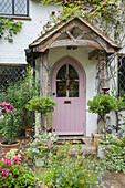 Pink front door an porch front garden detail of detached 1950s house in Alford Surrey UK
