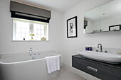 Großes Waschbecken unter einem Spiegelschrank mit Badewanne unter dem Fenster in einer Wohnung in Surrey, UK