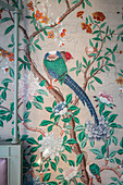 Antique Chinese silk wallpaper detail in Georgian home Hertfordshire England UK