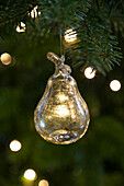 Golden pear bauble hanging on Christmas tree Hampshire UK