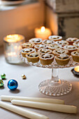 Mince pies on glass cake stand in Norwich home Norfolk UK