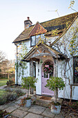 Timber framed porch of detached 1950s country house Surrey UK
