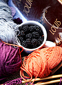 Knitting wools and blackberries Isle of Wight, UK