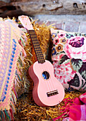 Pink ukulele on haybale with cushion in late summer