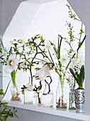 Easter window filled with vases of white flowers including hyacinths magnolia daffodil detail