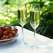 Champagner und Erdbeeren im Garten an einem Sommertag