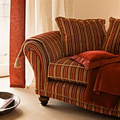 Rot und goldfarbenes gepolstertes Sofa mit weichen Einrichtungsgegenständen