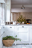 Open plan kitchen diner with basket of festive foliage ready to make garlands and Christmas tree and fireplace in background
