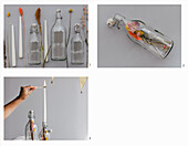 Making candlesticks from glass bottles with dried flowers
