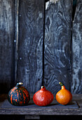 Three different coloured pumpkins on a wooden shelf in front of a rustic wall