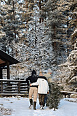 People fetching a Christmas tree in a snowy landscape