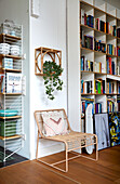 Reading area next to wall of books