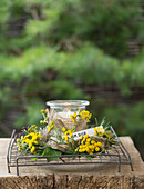 Glass jar as avotive holder wrapped with tansy (Tanacetum vulgare), blackberry leaves (Rubus), rosemary and sacking ribbon