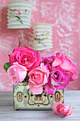 Pink roses in a vintage box, above antique paper lanterns