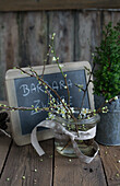 Barbara twigs, plum blossoms in old preserving jar in front of slate board