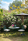 Charming seating area with sun umbrella in front of blooming roses in the garden