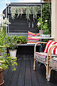 Cosy terrace with rattan chairs, bench and potted plants