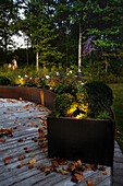 Holzterrasse mit beleuchteten Hochbeeten aus rostigem Cortenholz