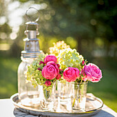 Pink roses in oriental tea glasses on a silver tray