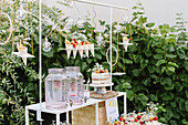 Party buffet with lemonade, naked cake and snack bags in the garden