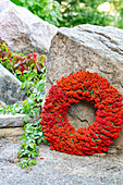 Large rowan wreath on the rock in the garden