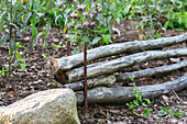 Garden bed border made of thin stacked tree trunks