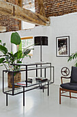 Sideboard in industrial style, behind it houseplant in a bright sunlit loft