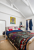 Bedspread with Norwegian pattern on queen size bed in the attic room
