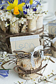 DIY birch trunk place card holder with name tag