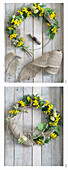 Make a wreath from tansy (Tanacetum vulgare), hops (Humulus), blackberry leaves (Rubus) and burlap ribbon