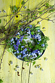 Old baking tin with wreath of forget-me-nots and birch twigs