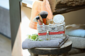 Woven basket for cosmetic tools