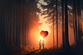 Junges Paar mit herzförmigem Ballon bei Sonnenuntergang im Wald