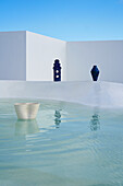 Pool, sculptures, and white wall in the background