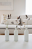 Three white vases with dried flowers on a table