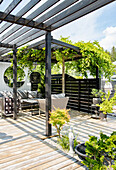 Terrace with pergola, seating area and green plants