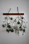 DIY wall decoration with green baubles and twigs