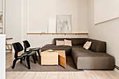 Minimalist living room with L-shaped sofa