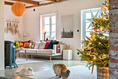 Living room decorated for Christmas with two cats, a wood-burning stove and a Christmas tree