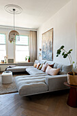 Grey sofa landscape in bright living room