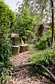 Natural garden path with wooden stream" sign and tree seat"