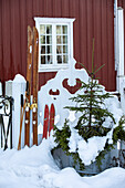 Snow, red wooden house, vintage skis leaning against white wooden fence